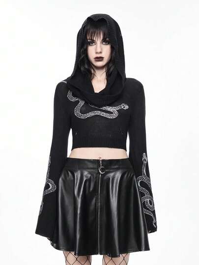 Women's Gothic Mysterious Snake Embroidery Flare Sleeve Hooded Knit Pullover Top