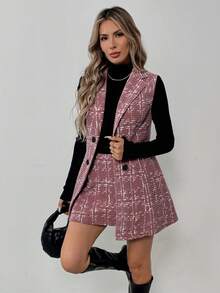 Elyressa 女士秋季通勤休闲翻领双排扣马甲半裙套装 - 粉色 - 查看 4