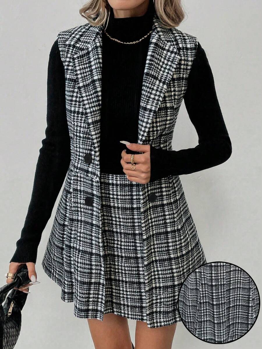 Elyressa Bộ vest thanh lịch cổ ve kẻ caro hai hàng khuy không tay và chân váy midi cho nữ mùa thu - Xám - Xem 1