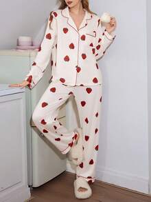 甜美草莓印花翻领长袖上衣和裤子女士睡衣套装 波点睡衣套装 草莓睡衣套装 曲线睡衣套装 女士睡衣，秋冬服装 - 彩色 - 查看 4