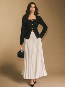 Poéselle 女士亮片领金属花卉装饰开衩下摆修身夹克，黑色亮片粗花呢夹克，闪亮夹克，女士冬季夹克，圣诞派对，奢华晚宴，新年，适合日常穿着、派对、外出、通勤、秋冬季 - 黑色 - 查看 3