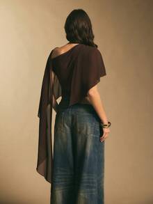 Poéselle Women's One-Shoulder Shawl Bodysuit – A Bodysuit With Draped, Asymmetrical Chiffon Sleeves, Creating An Elegant Nightlife Look. One-Shoulder Shawl Sleeve Bodysuit, Draped Bodysuit, Women's Asymmetrical Evening Top, Brown Bodysuit, Fashionable Chiffon Shawl Bodysuit, Autumn/Winter Style. Asymmetrical Top, Poncho Top, Chocolate Brown Top - Burgundy - View 2