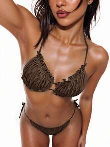 Swim Basics 夏季沙灘聚集款領口胸圍和系帶側面比基尼下身設置，褶邊修飾泳裝套裝 - 咖啡棕 - 查看 1