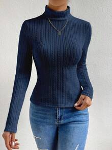 RosyDaze Áo thun Raglan cổ lọ tay dài màu trơn, dệt kim xoắn, dáng ôm thường ngày - Màu xanh hải quân - Xem 5