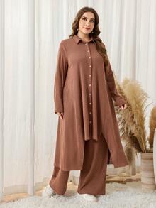 Lacomfia 2 Stücke/Set minimalistisches einfarbiges geripptes Maxi-Hemd mit Langarm und Hose mit elastischem Bund und weitem Bein, Große Größen, Frühling/Herbst