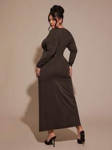 SHEIN BAE Plus Size Women's Asymmetrical Long Sleeve Dress, Brown, Autumn/Winter,Winter ,Spring,Summer,Christmas ,New Year,Party ,Elegant,Casual Dresses For Women,Vacation Outfits Women ,Valentine's Day,Wedding, Birthday, Formal,Wedding, Birthday, Formal,Brown,Suitable For Dates, Parties, Back-To-School, And Birthday Parties. Sexy Curve Dress