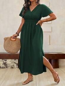 Roveilla Váy Maxi xẻ eo xếp ly cổ yếm màu trơn cỡ lớn, trang phục Giáng sinh cho nữ - màu xanh lá - Xem 1