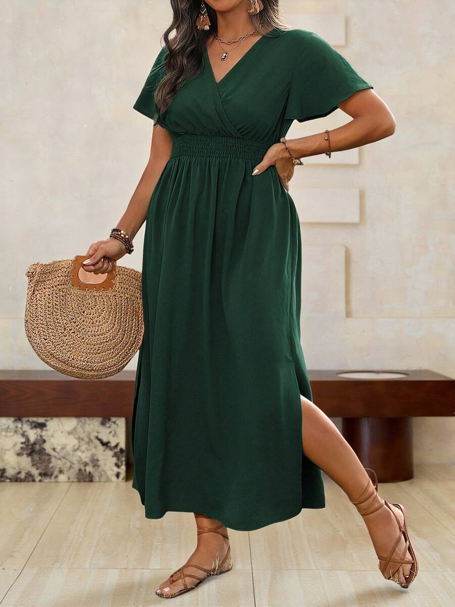 Roveilla Váy Maxi xẻ eo xếp ly cổ yếm màu trơn cỡ lớn, trang phục Giáng sinh cho nữ - màu xanh lá - Xem 1