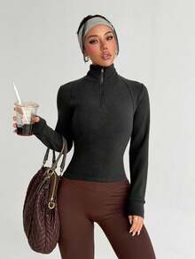 Dewbera 1 件女式黑灰色半拉链插肩长袖羊毛上衣，时尚瑜伽健身户外休闲运动，秋季 - 黑色 - 查看 4