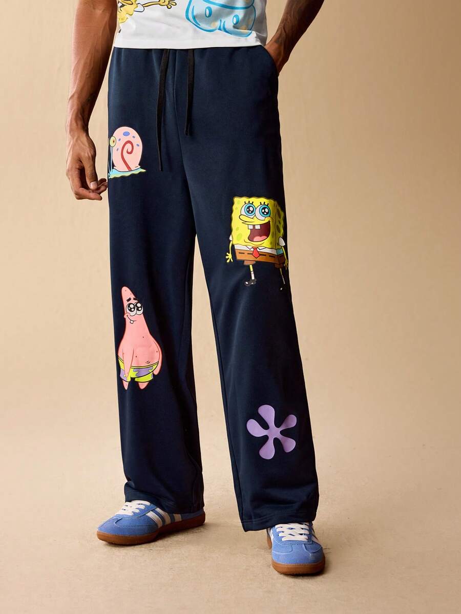 SpongeBob SquarePants | SHEIN 男士休闲日常通勤趣味可爱卡通图案抽绳腰宽松直筒运动裤 - 藏蓝色 - 查看 1