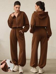 Modelyn 2件套女式休闲连帽拉链收腰长袖运动衫和慢跑裤套装 - 棕色 - 查看 3