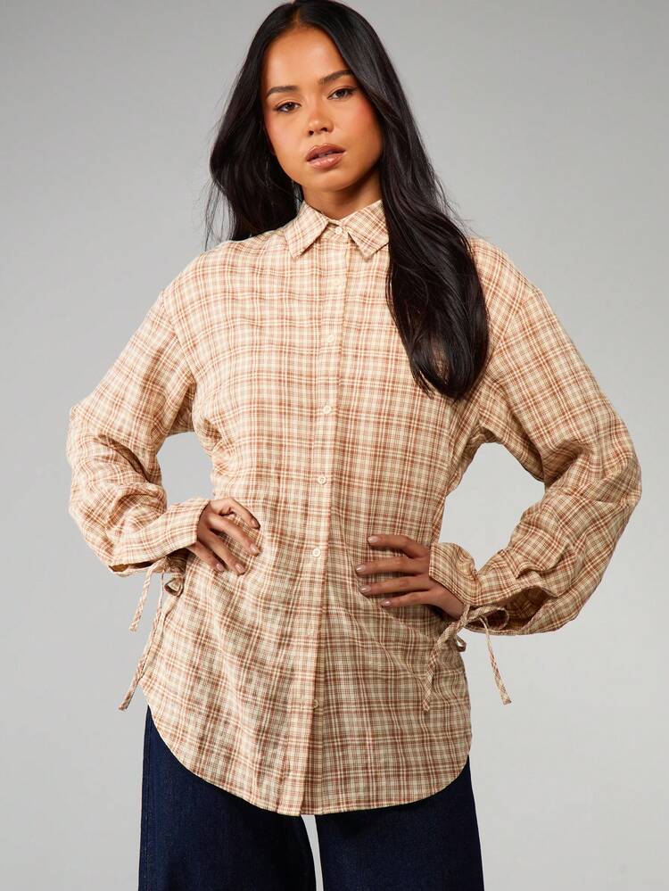 MISSGUIDED Chemise à carreaux avec cordon de serrage à la taille et manches longues pour le port casual au bureau en automne et hiver