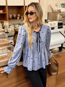 SHEIN Frenchy Fall Winter 2025 Women's Casual Striped Print Detail Front Tie Collar Blouse, Autumn, Striped Blouse, Contrast Trim Tie Shirt,Pleated Shirt,Ruffle Blouse, Blue Striped Shirt,Floral Print Pattern Blouse - Blue and White - View 7