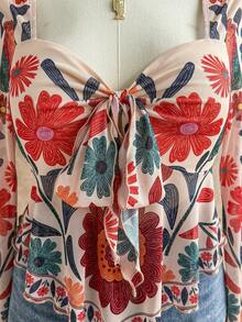 Soleia 大码女式休闲度假、毕业典礼、婚礼、复活节派对午餐上衣 - 宽松领口、胸前系带、喇叭袖修身衬衫 - 彩色 - 查看 6