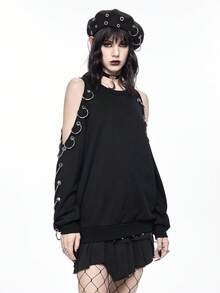 ROMWE Goth 哥特式镂空肩部金属孔眼装饰女式卫衣 - 黑色 - 查看 7