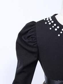 女童复古优雅连衣裙，珍珠领，泡泡袖，蝴蝶结腰带，星光网纱裙摆，适合派对、宴会和节日穿着。 - 黑色 - 查看 8