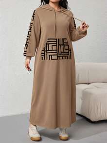 Veilorie Váy nỉ trùm đầu tay dài họa tiết hình học cỡ lớn cho nữ - Màu Khaki - Xem 8