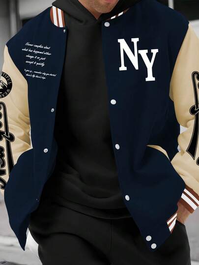 Manfinity Homme 男士休闲标语印花拼色长袖棒球领夹克，适合秋季，男士校队夹克，棒球夹克，纽约夹克