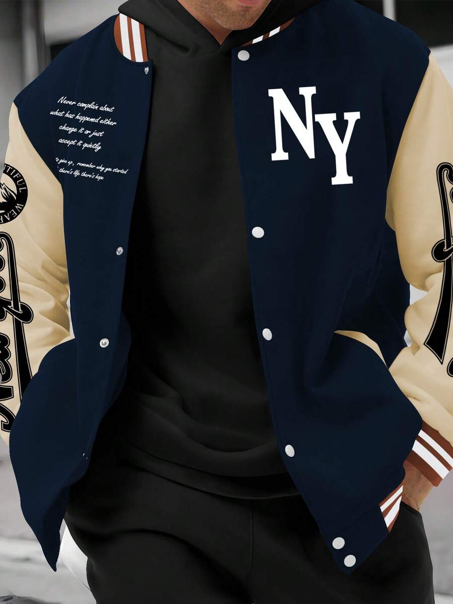 Manfinity Homme 男士休闲标语印花拼色长袖棒球领夹克，适合秋季，男士校队夹克，棒球夹克，纽约夹克 - 彩色 - 查看 1