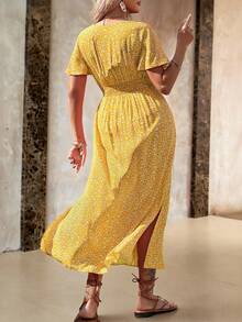 Roveilla 大码女装夏季度假风碎花重叠V领荷叶边短袖连衣裙黄色长裙黄色长裙女装黄色度假连衣裙 - 黃色 - 查看 2