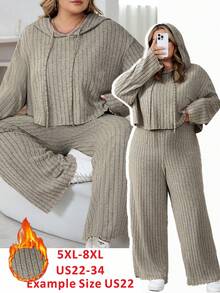 SHEIN CURVE+ Plus Size Women's Khaki Summer Curve Smart Casual Loungewear,Ribbed Knit Hooded Long Sleeve Sweatshirt And Pants 2-Piece Set,Drop Shoulder Outfit - Apricot - View 1