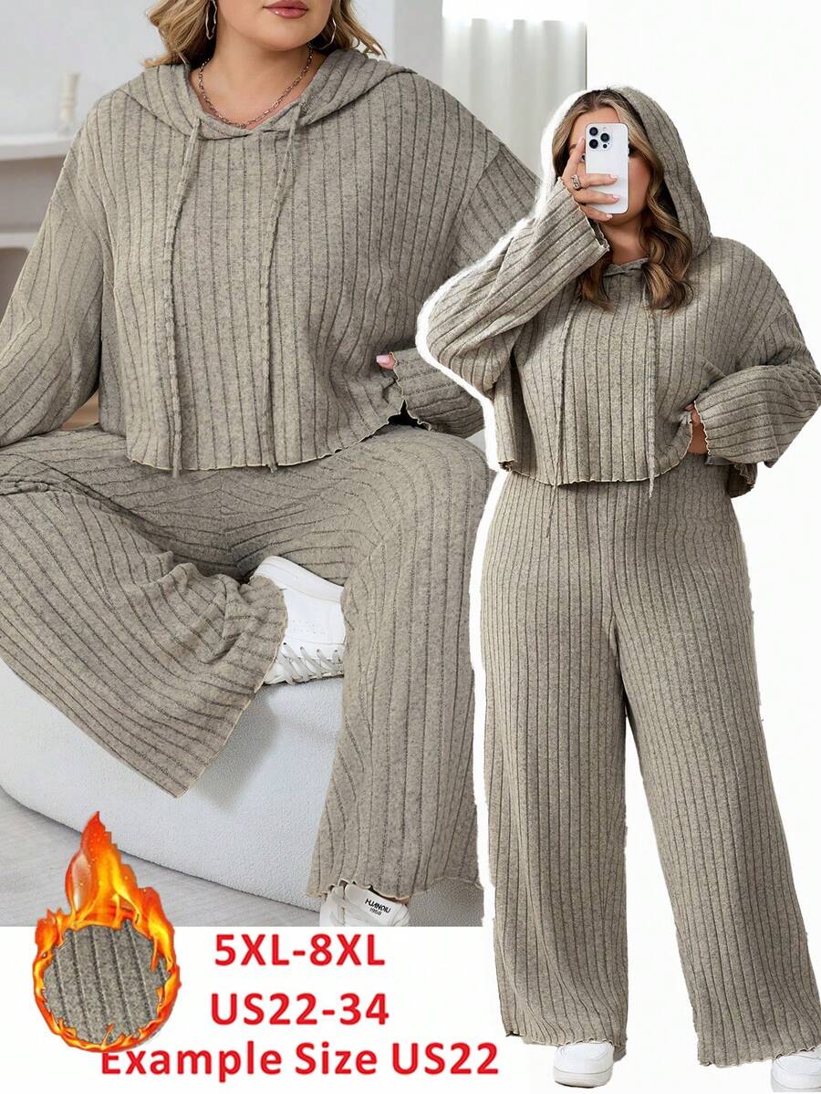 SHEIN CURVE+ Plus Size Women's Khaki Summer Curve Smart Casual Loungewear,Ribbed Knit Hooded Long Sleeve Sweatshirt And Pants 2-Piece Set,Drop Shoulder Outfit - Apricot - View 1