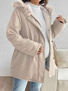 SHEIN Solid Color Drawstring Waist Thermal Lined Hooded Maternity Jacket - Khaki - View 8