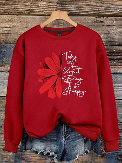 EMERY ROSE Felpa da donna con fodera calda, stampa floreale e slogan, manica lunga