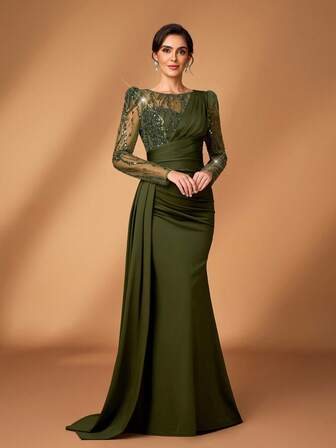 Serin Elegante y lujoso vestido de sirena con mangas de malla bordada y con lentejuelas, con pliegues y abertura lateral, adecuado para bodas, fiestas, vacaciones, novia, madre de la novia y ocasiones formales