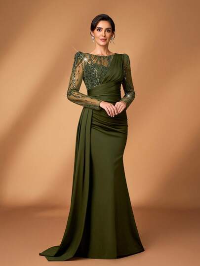 Serin Elegant Luxurious Beaded & Sequin Floral Mesh Sleeve Ruched Mermaid Skirt With Side Slit, Suitable For Weddings, Parties, Vacations, Bridal, Mother Of The Bride Formal Dresses