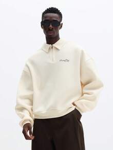 SUMWON Collared Quarter Zip Polo With Boxy Fit And Back Panel Detailing For Casual Spring Wear Plain - Beige - View 5