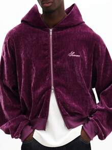 SUMWON Crop Fit Men Velour Full Zip Hoodie With Embroidered Logo Casual Streetwear Sweatshirt Winter Autumn Outerwear Plain - Purple - View 4