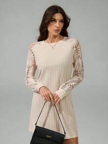 SHEIN Tall 女款休閒純色提花拼接短款迷你洋裝，秋季，適合高個女性 - 杏色 - 查看 9