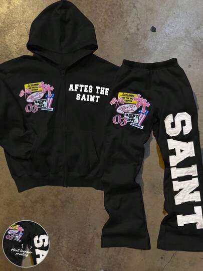 INAWLY Conjunto de 2 piezas con estampado gráfico de bordado y letras en inglés, estilo Y2K, moda callejera para mujeres