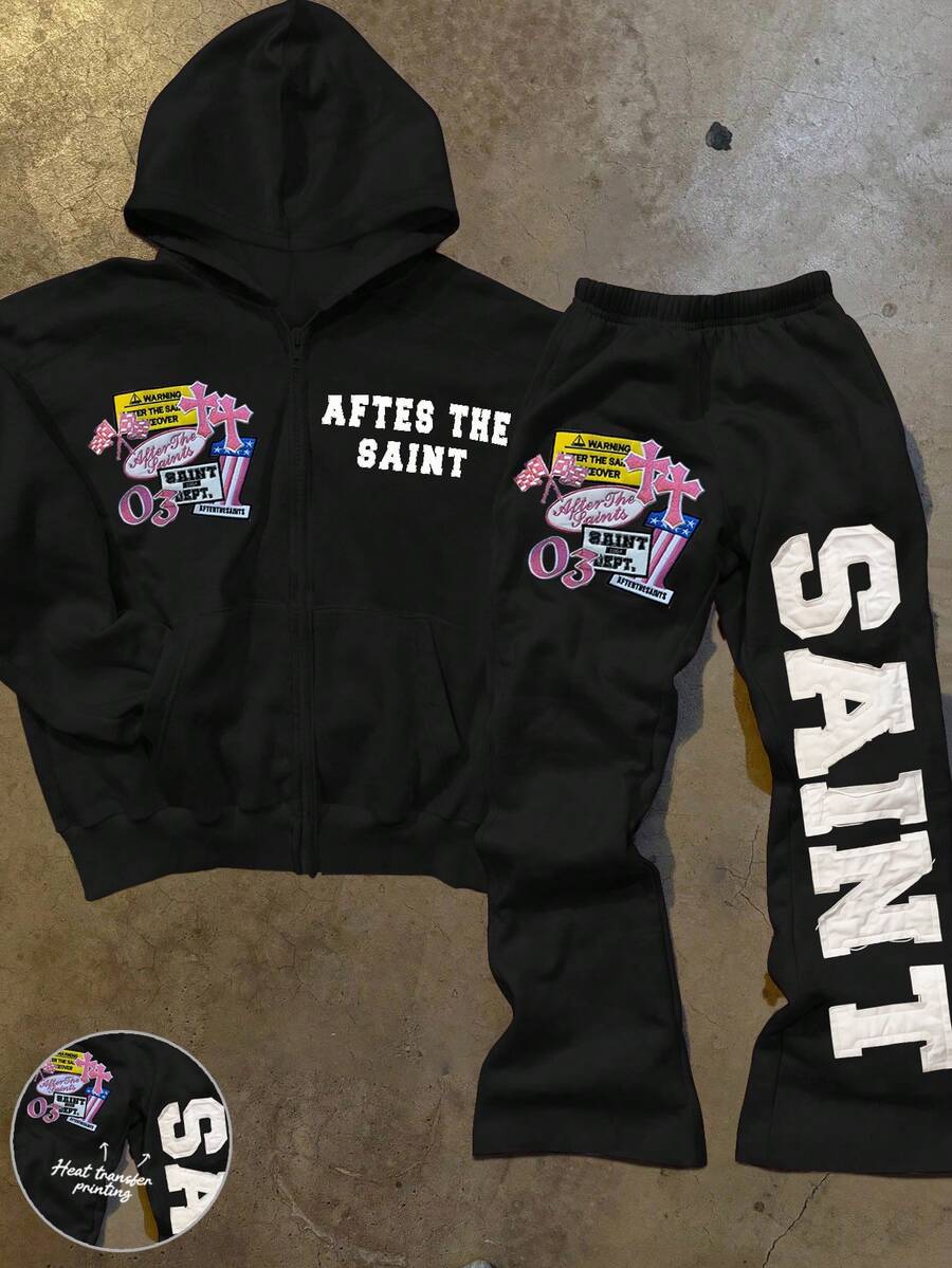 INAWLY Y2K Style Applique Embroidery & English Letter Graphic Print, Street Fashion 2 Pieces Set For Women - Black - View 1