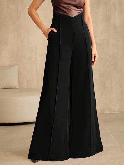 Anewsta Women's Solid Color High-Waisted V-Shaped Fashion Pocket Flare Pants, Elegant For Autumn/Winter