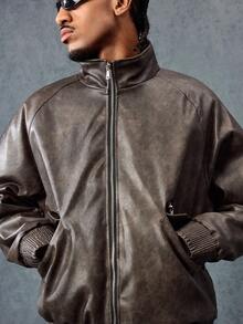 ROMWE MEN Street Life 纯色立领插肩袖休闲拉链立领仿皮夹克 - 棕色 - 查看 6