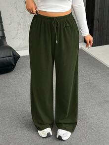 SHEIN EZwear 加大码橄榄绿抓绒保暖舒适休闲抽绳宽松裤 - 軍綠色 - 查看 1