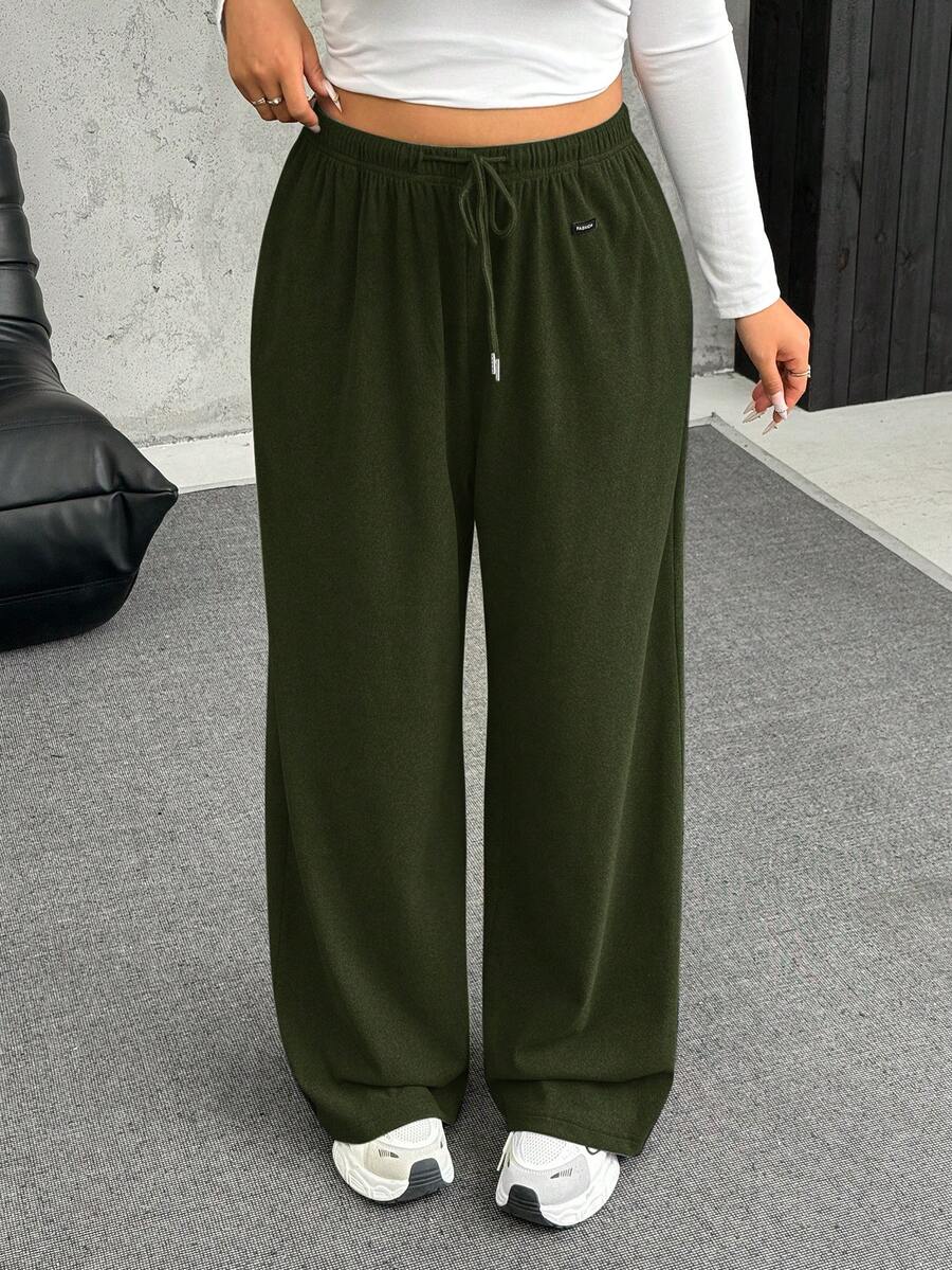 SHEIN EZwear 加大码橄榄绿抓绒保暖舒适休闲抽绳宽松裤 - 軍綠色 - 查看 1