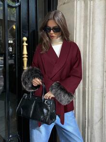 Aloruh Women's Elegant Wine Red Woolen Coat With Raglan Long Sleeves And Furry Cuffs, Autumn/Winter - Burgundy - View 6