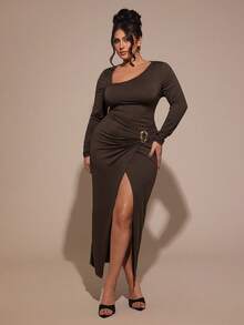 SHEIN BAE Plus Size Women's Asymmetrical Long Sleeve Dress, Brown, Autumn/Winter,Winter ,Spring,Summer,Christmas ,New Year,Party ,Elegant,Casual Dresses For Women,Vacation Outfits Women ,Valentine's Day,Wedding, Birthday, Formal,Wedding, Birthday, Formal,Brown,Suitable For Dates, Parties, Back-To-School, And Birthday Parties. Sexy Curve Dress
