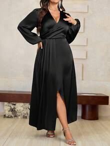 SHEIN Unity 大码女式缎面纯色优雅奢华派对礼服，褶皱腰身，V 领裹身款式，高开叉，灯笼袖，长款，适合生日、聚会的高端礼服 - 黑色 - 查看 4