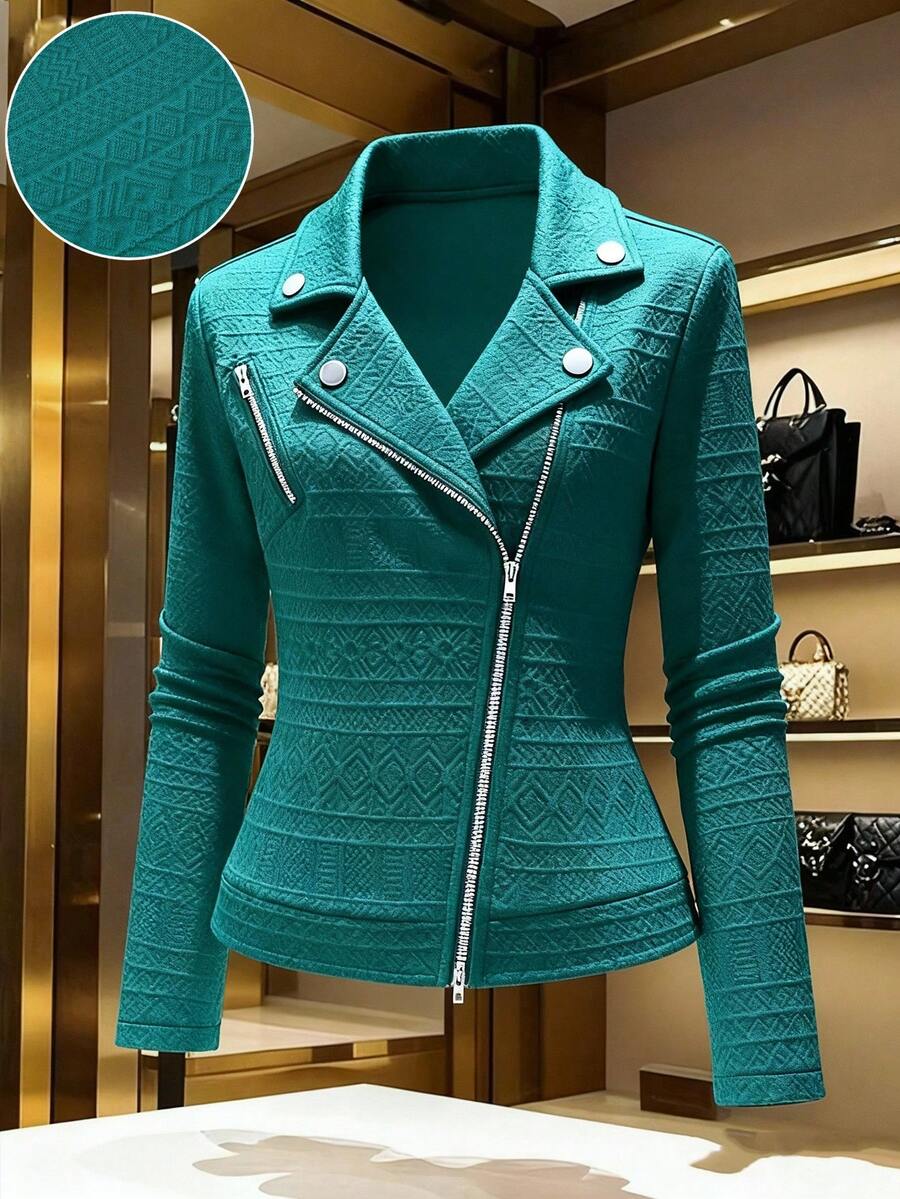 GlowEve Women's Casual Textured Fabric Zip-Up Lapel Motorcycle Jacket - Teal Blue - View 1