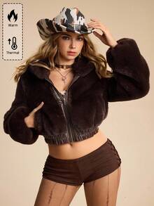 ROMWE EDITION Hippie Western Style Soft Hooded Short Faux Fur Jacket For Women - Coffee Brown - View 1