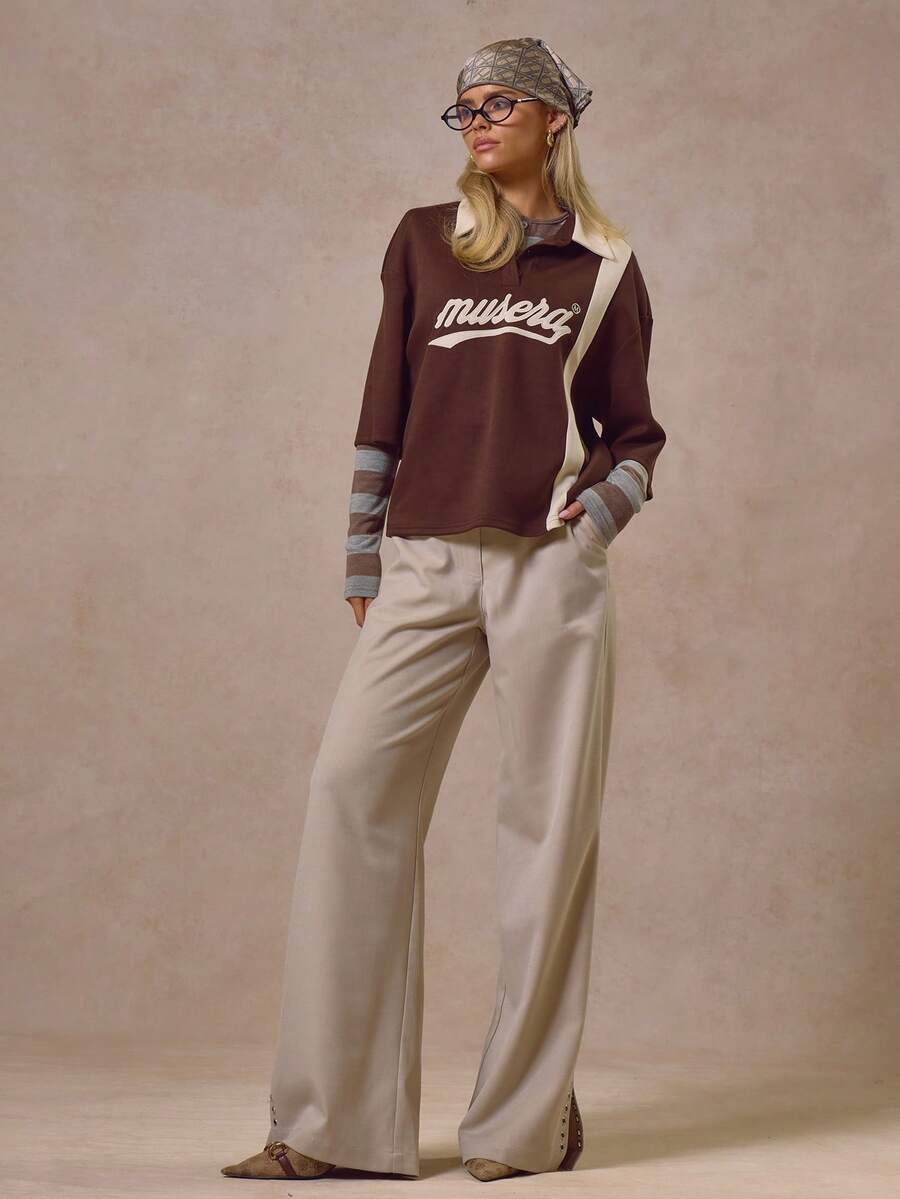 MUSERA Eyelet Detail Belt Wide Leg Trousers Cool Streetwear Going Out Casual Everyday New Retro Summer - Grey - View 1