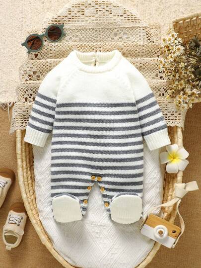 SHEIN 1pc Newborn Striped Crew Neck Long Sleeve Romper, Casual & Minimalist Design