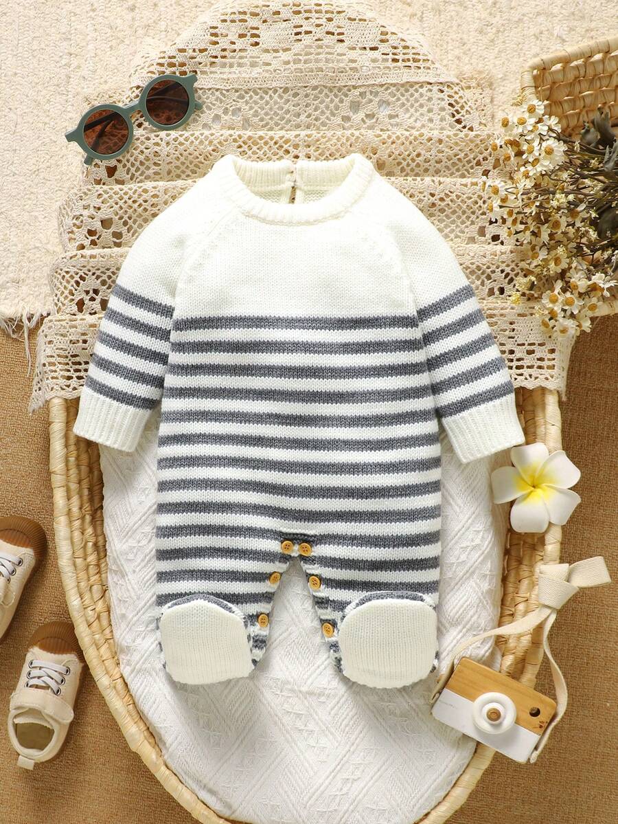 SHEIN 1pc Newborn Striped Crew Neck Long Sleeve Romper, Casual & Minimalist Design - Grey - View 1