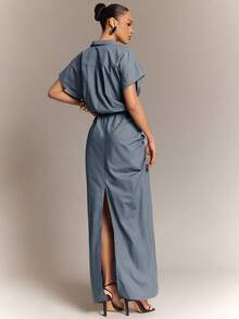 Hauture فستان كاجوال أنيق وجذاب للمكتب للنساء، بأمام منخفض مع كشكشة أمامية وشق خلفي - الأزرق - مشاهدة 2