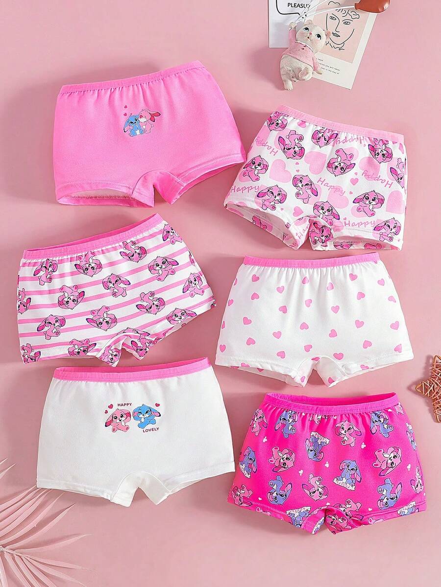 SHEIN 6pcs/Set Celana Dalam Anak Perempuan Motif Kartun Hewan Lucu, Desain Kelinci Warna-warni, Set Pakaian Dalam Musim Panas yang Lucu untuk Anak Perempuan