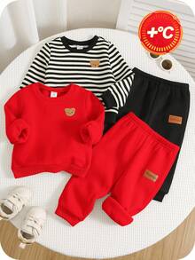SHEIN 4件套男/女婴可爱卡通图案长袖连帽衫和裤子套装，秋冬季男女宝宝通用服装 - 紅色 - 查看 8